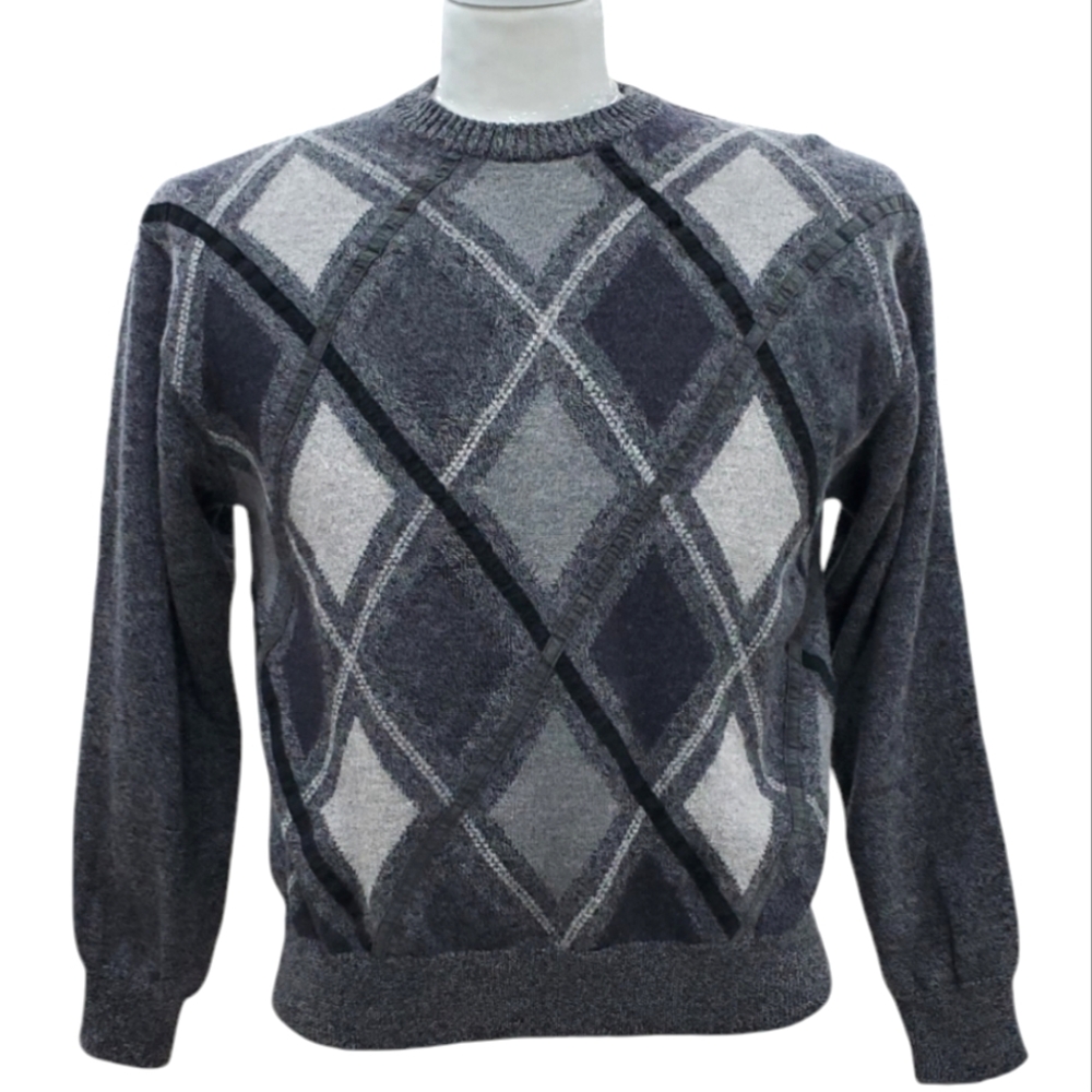 Dalmine Uomo 3D argyle sweater men's medium gray black Woolmark made in Italy